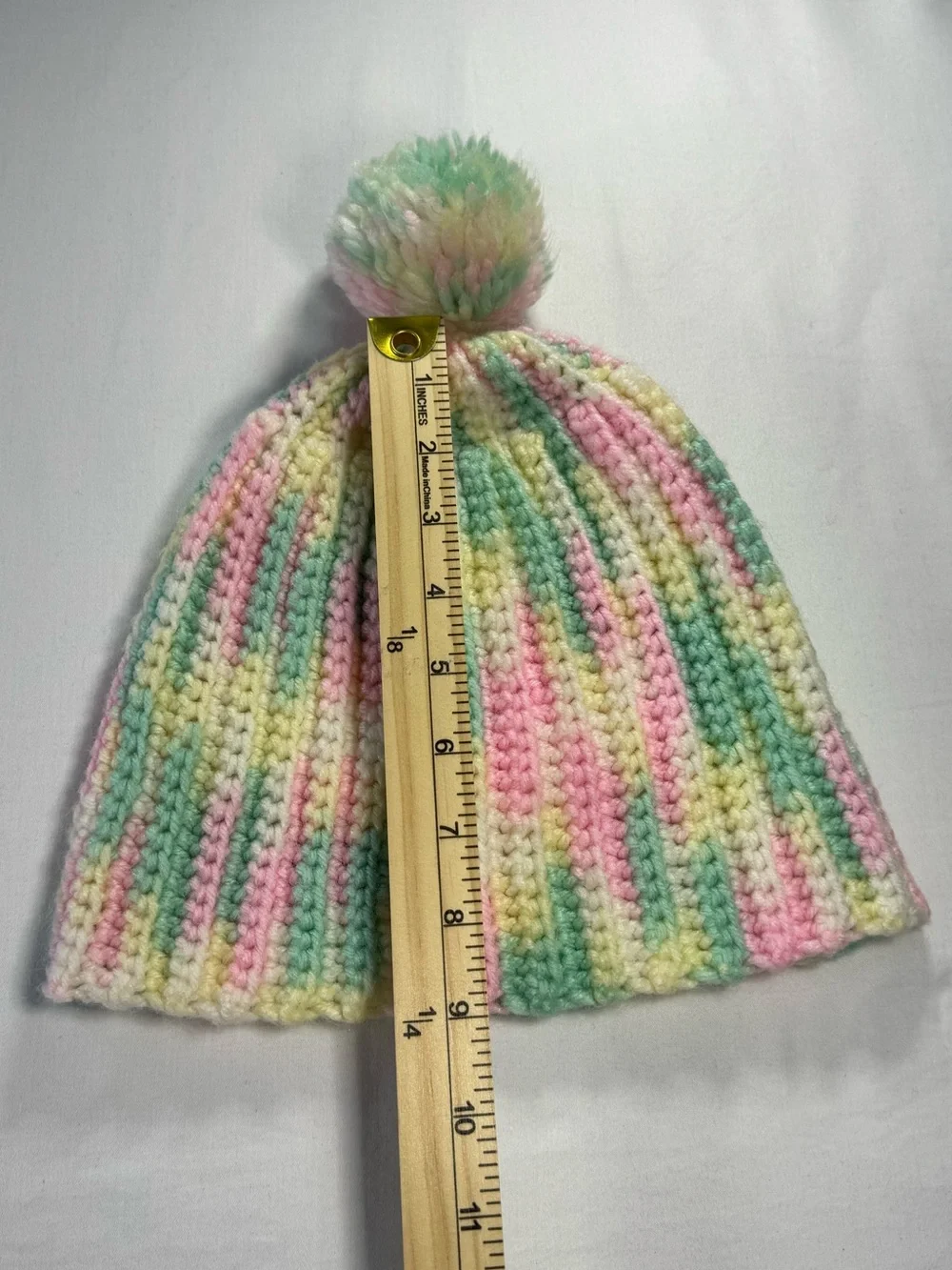 Handmade Lot of 2 Crocheted Pastel Beanie Hats Pink Green Yellow White